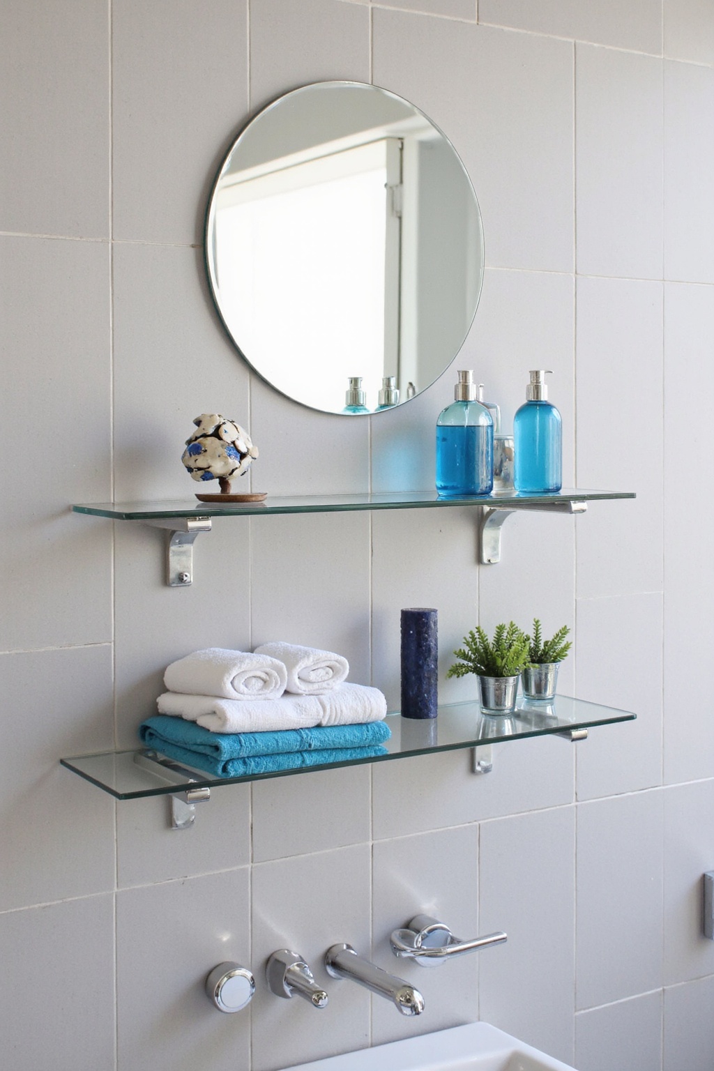 bathroom shelf decor, bathroom shelves, organic modern bathroom shelf decor, farmhouse bathroom mirror with shelves, bathroom decor on shelves