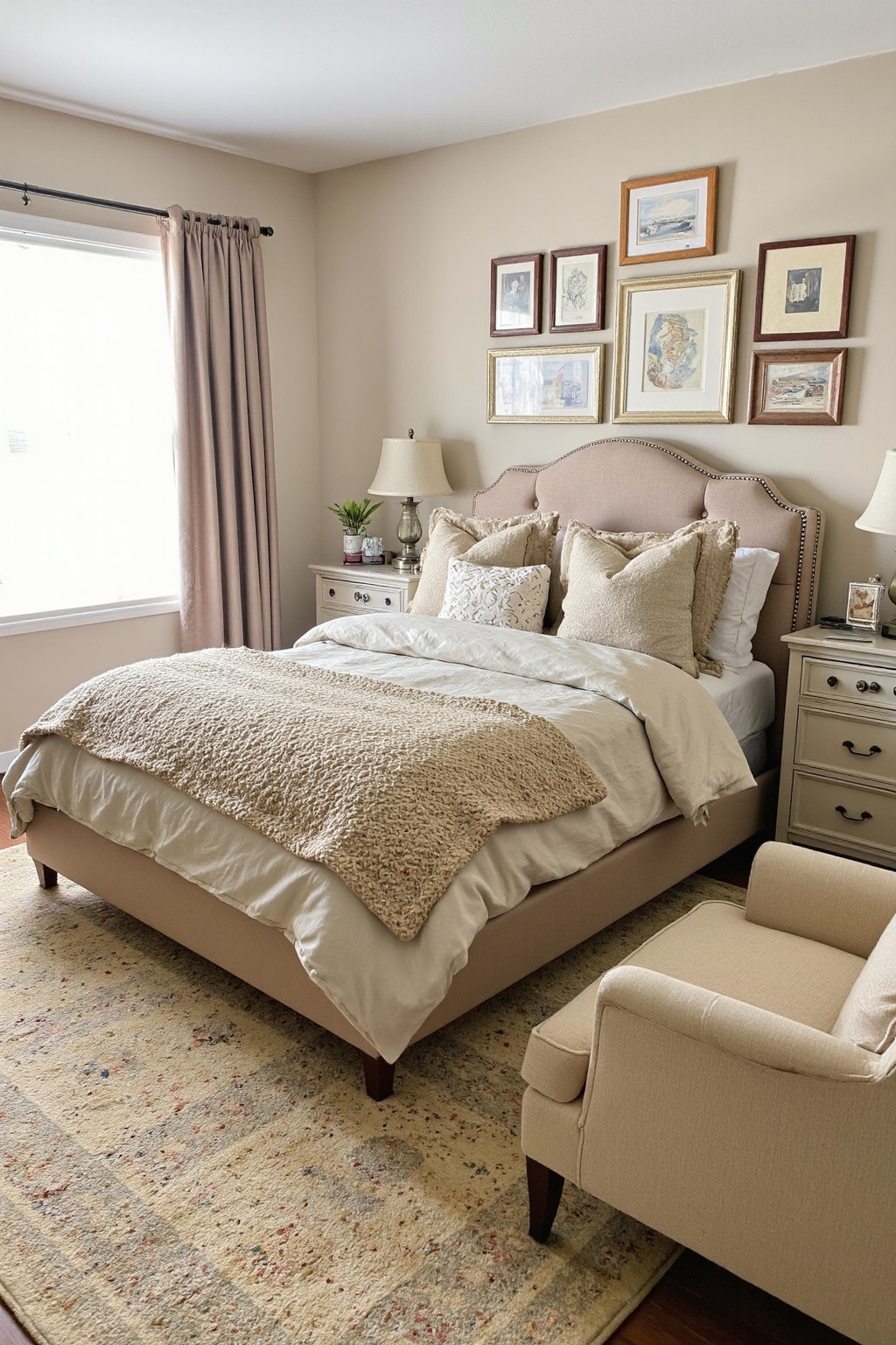 beige bedroom, beige walls bedroom, peaceful bedroom aesthetic, cozy room decor, beige bedroom lighting