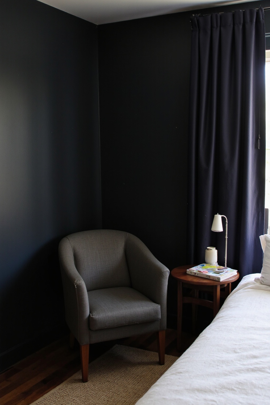 black walls bedroom, black bedroom ideas, dark room bedroom, charcoal and blue bedroom, black bedroom aesthetic