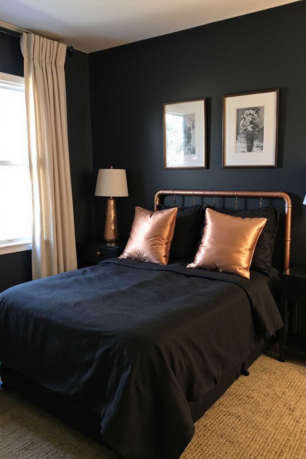 black bedroom decor, black bedroom, elegant bedroom, pine and black bedroom, black and neutral bedroom