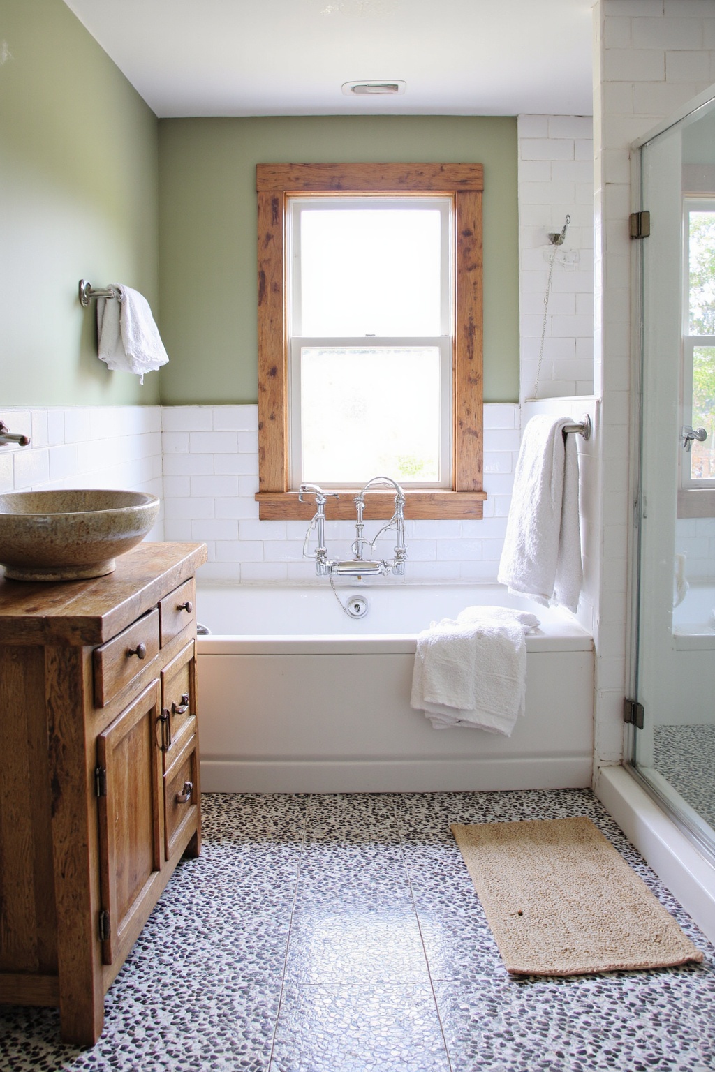 bathroom renos, bathroom redesign, green tile bathroom, pattern tile bathroom, spanish tile bathroom ideas