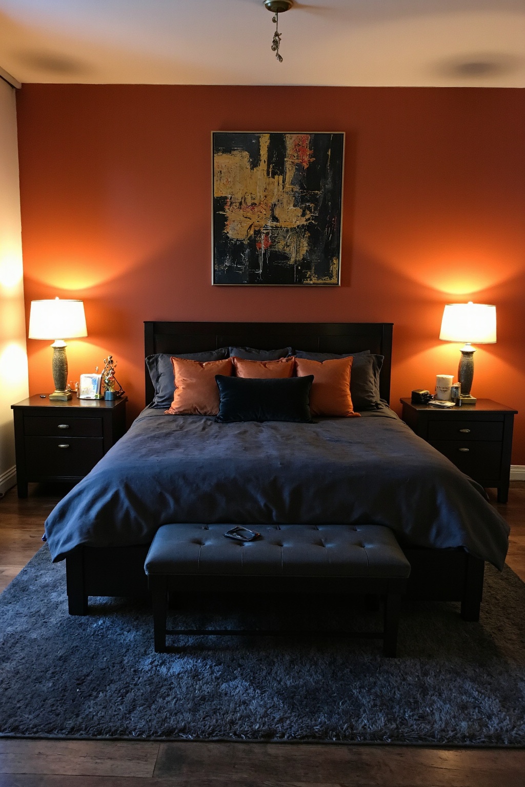 burnt orange bedroom, orange bedroom walls, moroccan inspired bedroom, deep orange bedroom, bedroom colorful ideas