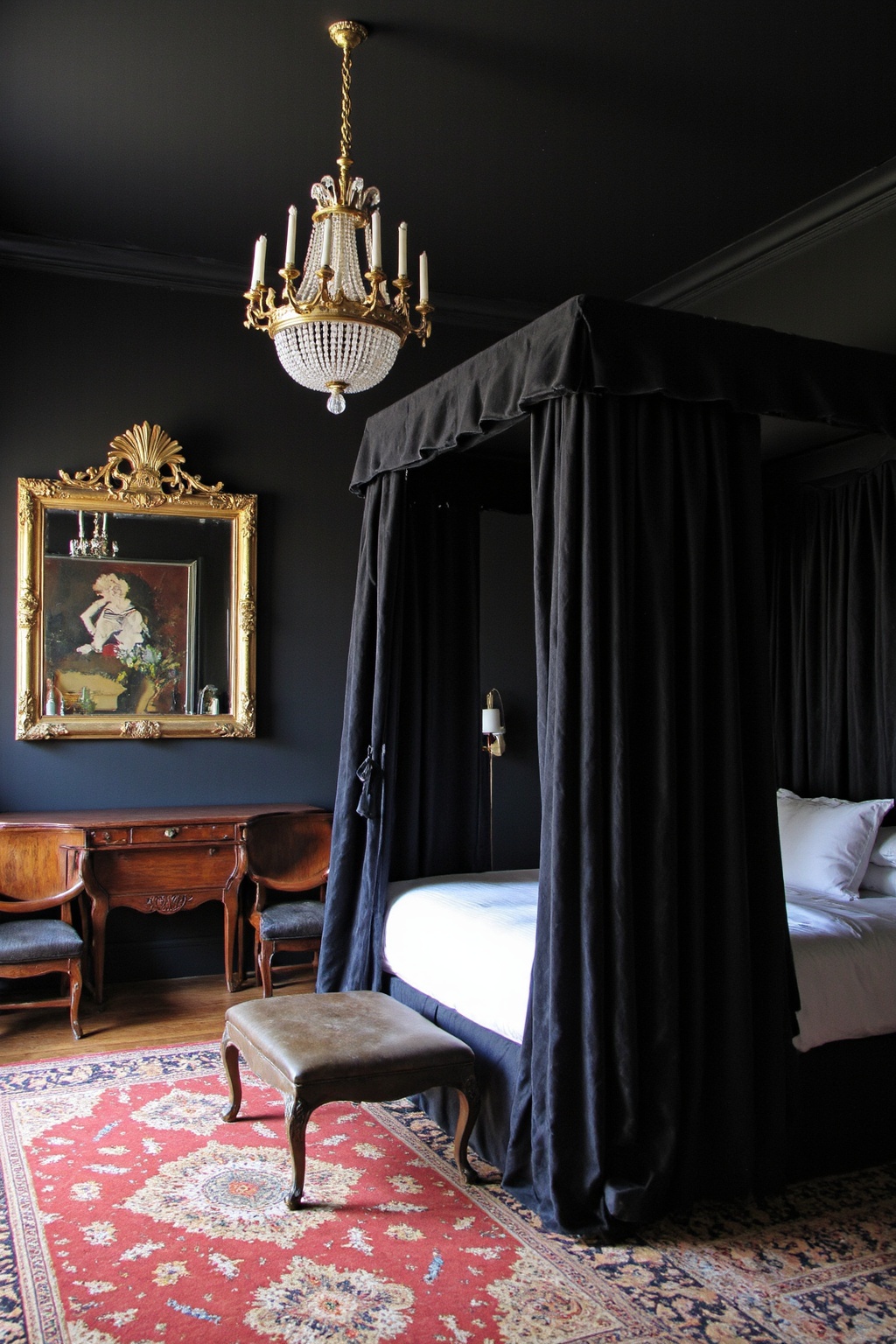 black bedroom design, black bedroom decor, black room, feminine bedroom, dark romantic bedroom