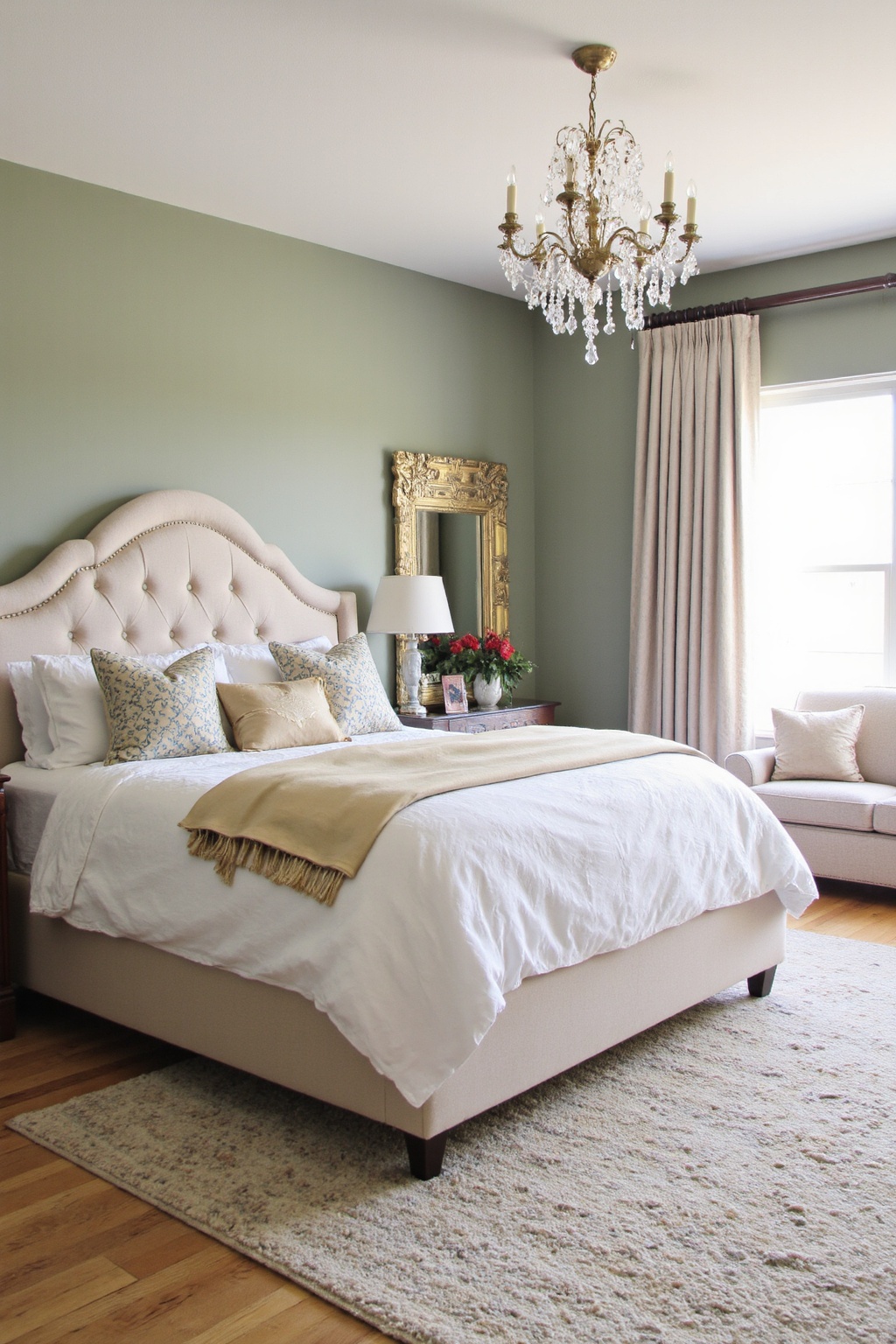sage green bedroom ideas, green bedroom ideas, bedroom wall colors, sage green and sand bedroom, one green wall bedroom