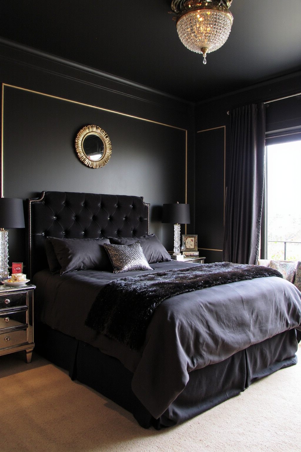 black bedroom, black walls bedroom, dark bedding bedroom, black queen bedroom ideas, dark and moody bedroom
