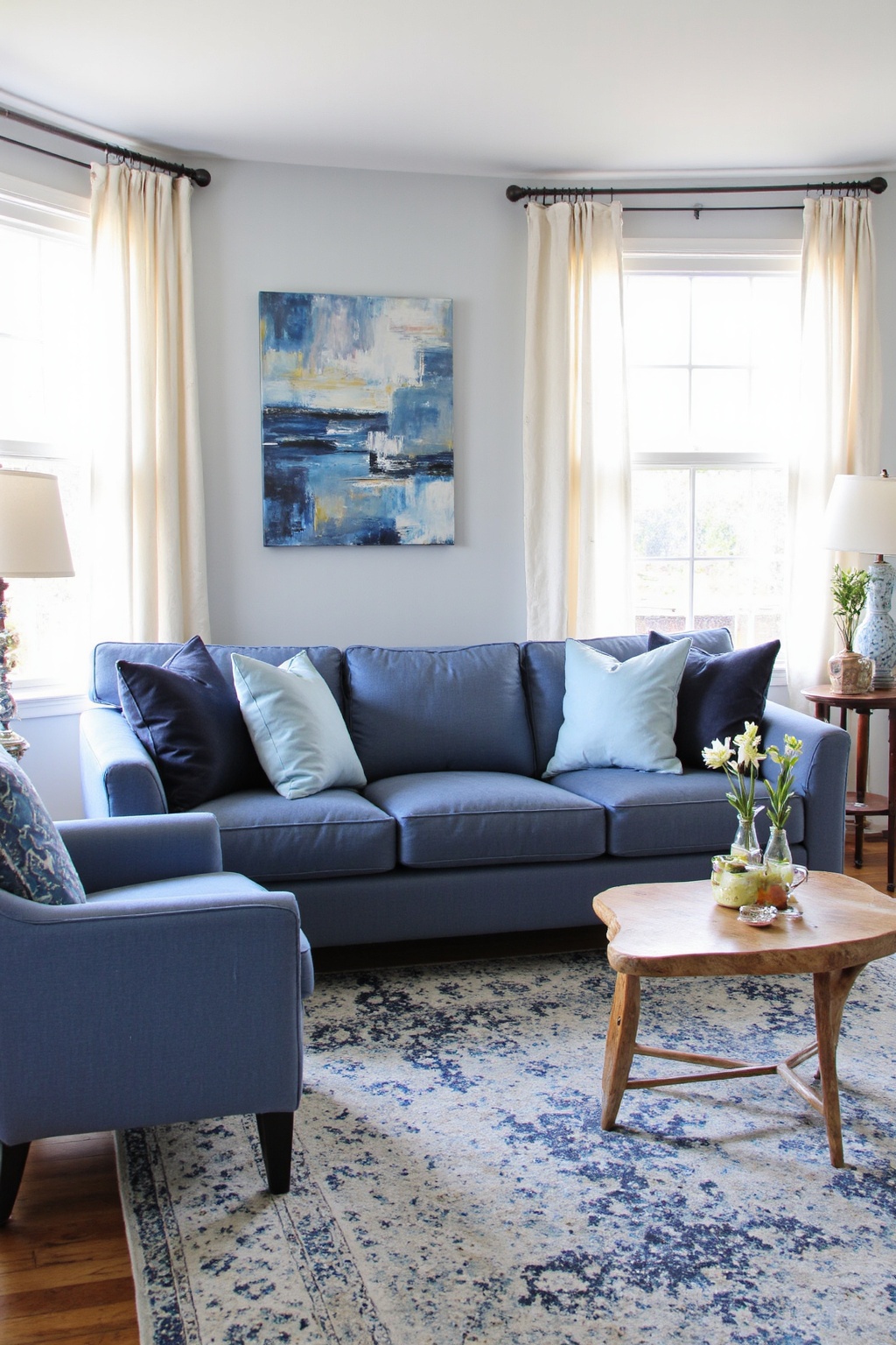 blue living room decor, blue couch living room, living room blue couch ideas, blue and green living room, cathedral ceiling living room