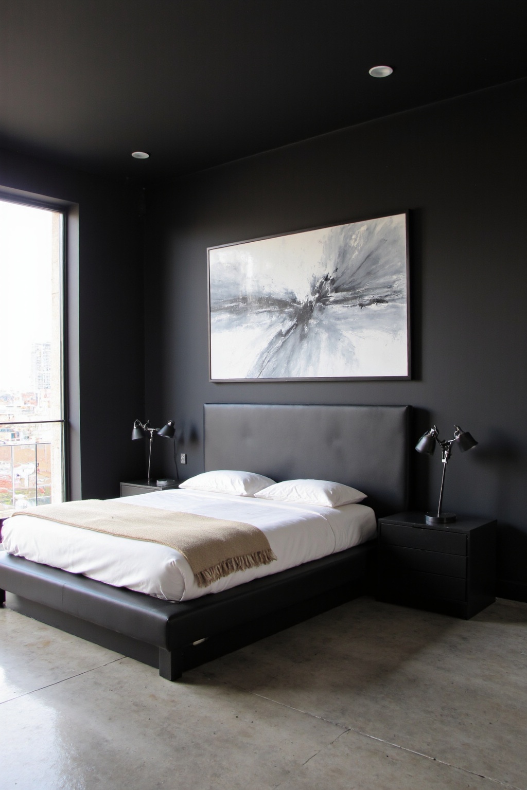 black bedroom, black walls bedroom, eclectic dark bedroom, black cozy bedroom ideas, accent wall black bedroom