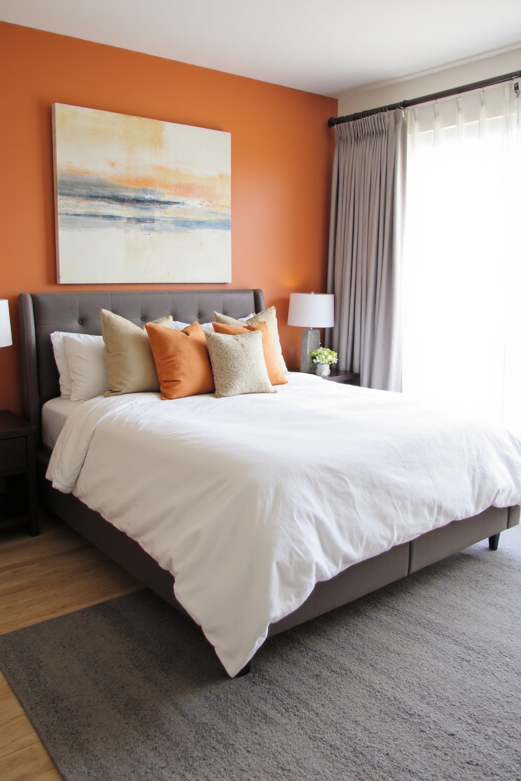 orange bedroom, orange bedroom walls, cozy fall bedroom, neutral orange bedroom, orange accent walls