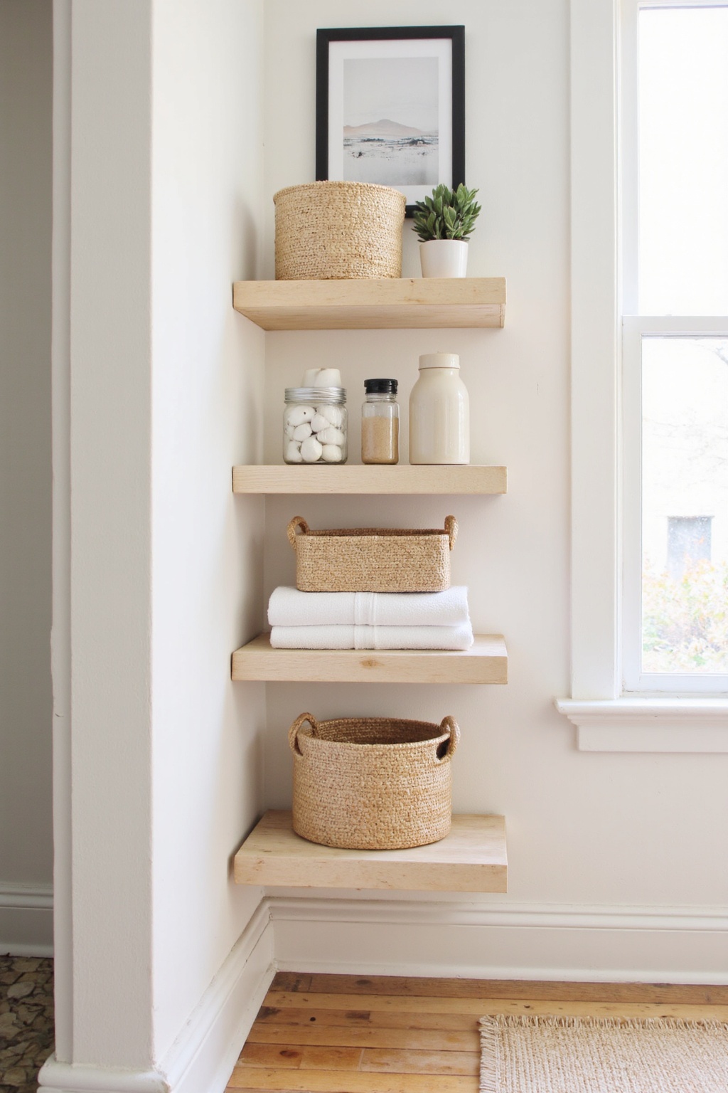 bathroom design decor, bathroom shelf decor, styling bathroom shelves, bathroom wood shelves, bathroom tile shelf