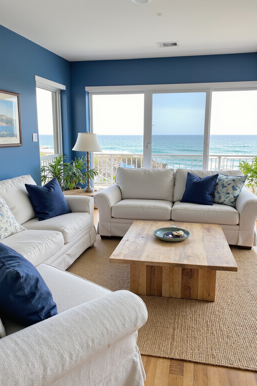 blue walls living room, blue white living room, coastal living room, high ceiling living room, royal blue living room
