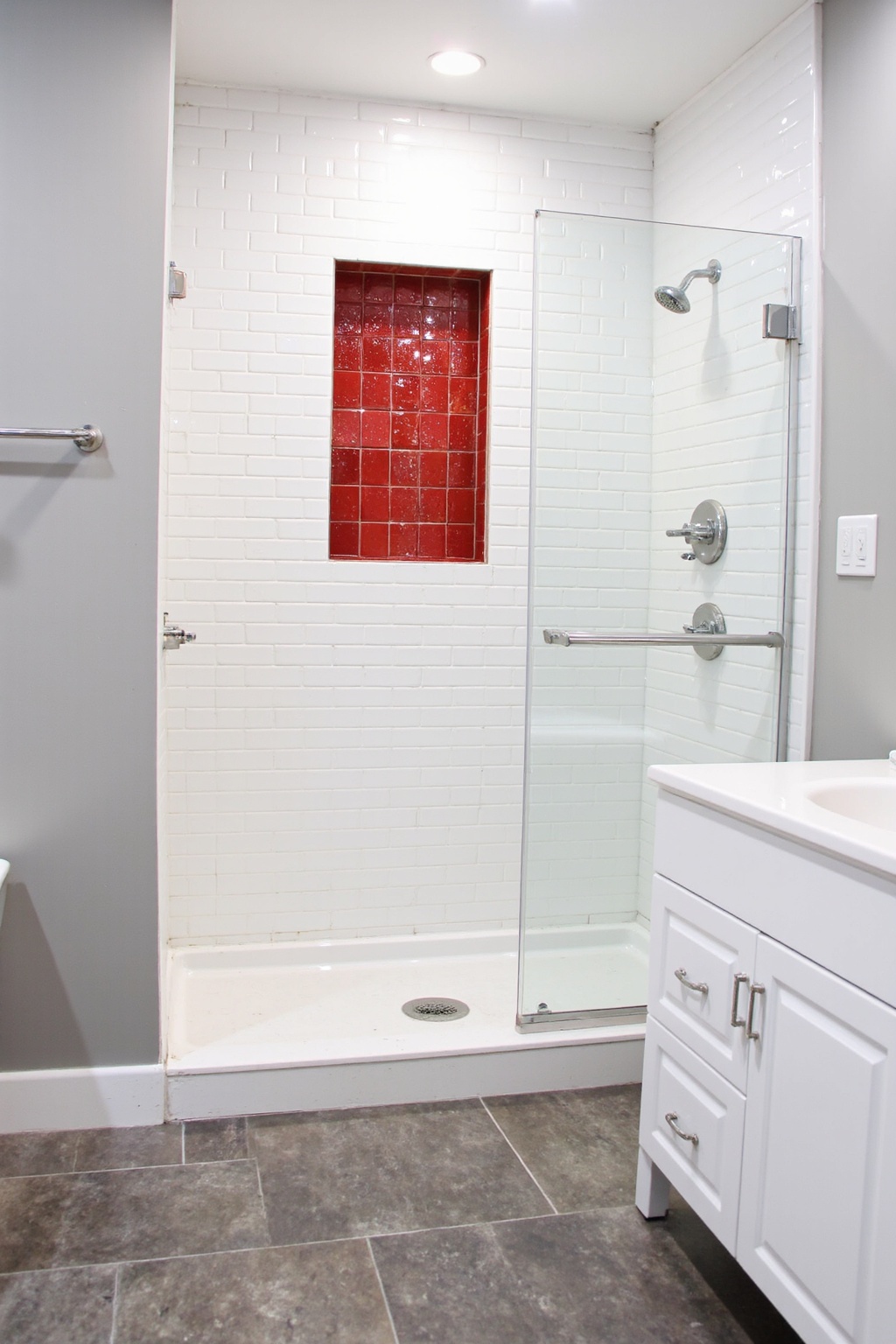 bathroom inspiration decor, bathroom redesign, shower wall tile, shower wall storage, painted shower tile