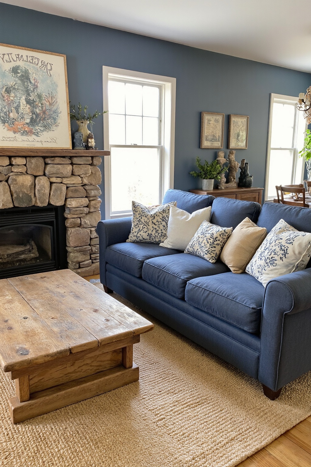 blue and white living room, blue white living room, white living room, blue willow living room, country living room