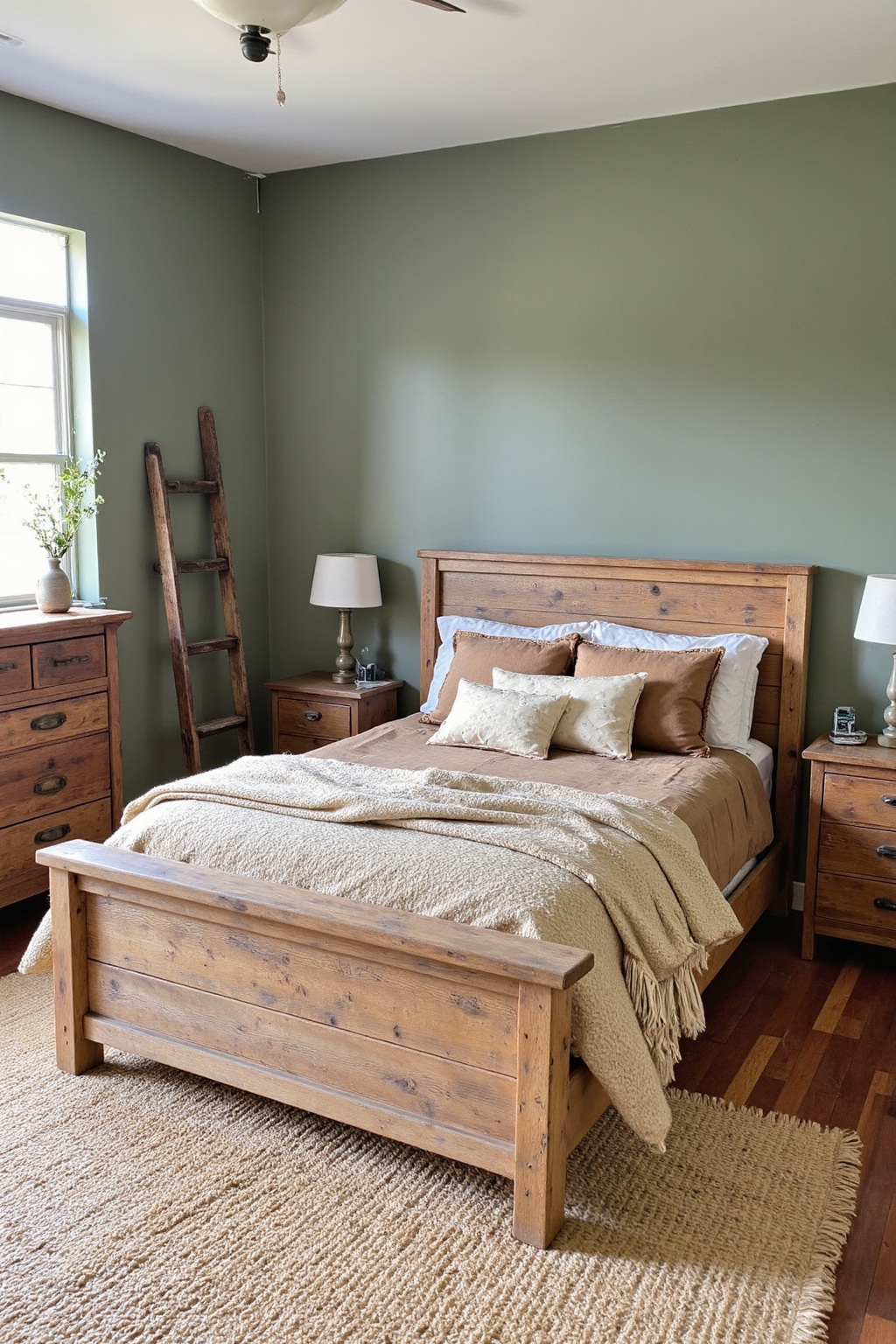 sage bedroom, green bedroom, sage green farmhouse bedroom, green wood bedroom, rustic green bedroom