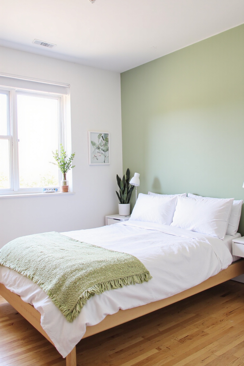green bedroom ideas, green bedroom, one green wall bedroom, sage and white bedroom aesthetic, green color bedroom ideas