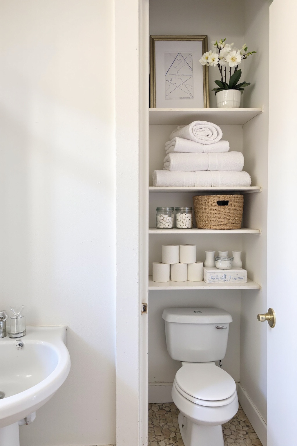 restroom decor, bathroom shelf decor, half bathroom decor, over the toilet shelf decor ideas, bathroom shelves decor