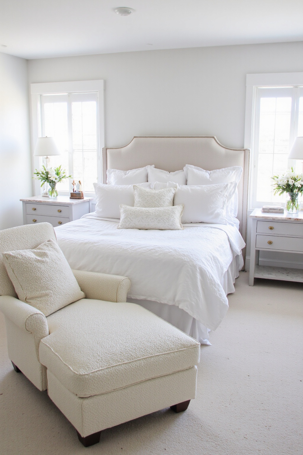 cozy white bedroom, all white bedroom, calm white bedroom, lake house bedroom, white bedroom cozy