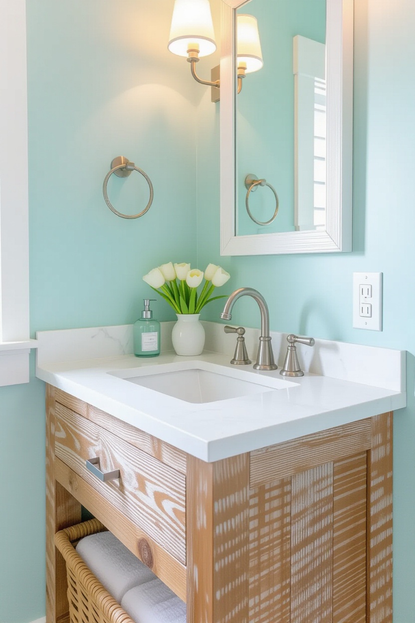 coastal cottage bathroom, coastal bathroom design, blue fish scale tile bathroom, beach cottage bathroom coastal style, beach house bathroom
