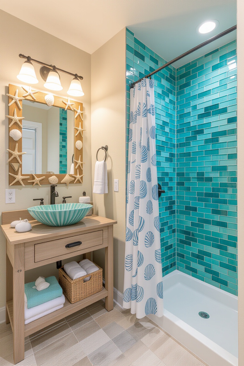 coastal farmhouse bathroom, coastal bathrooms, blue beach bathroom, coastal modern farmhouse bathroom, blue fish scale tile bathroom