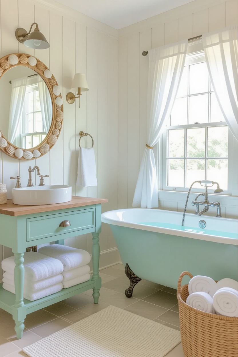 coastal bathrooms, seaside bathroom ideas, bathroom coastal style, beach blue bathroom, lake cottage bathroom