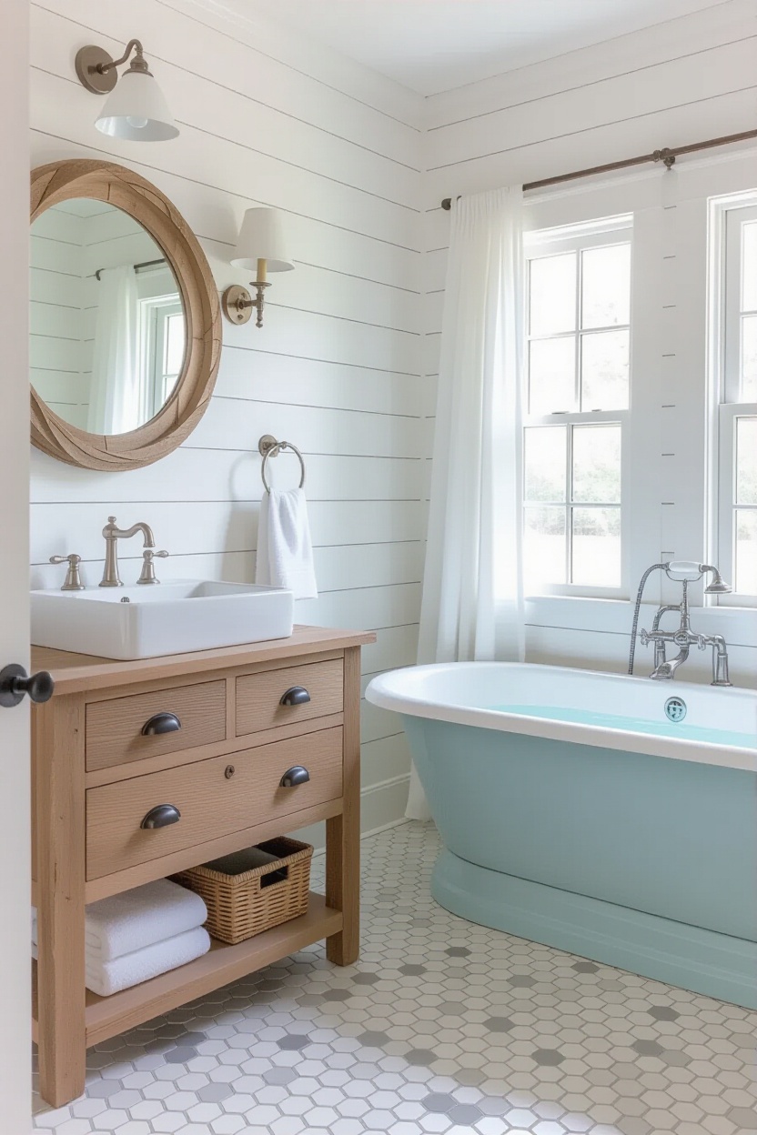 beachy bathroom, coastal bathroom design, coastal farmhouse bathroom ideas, farmhouse bathroom design, beach house bathroom