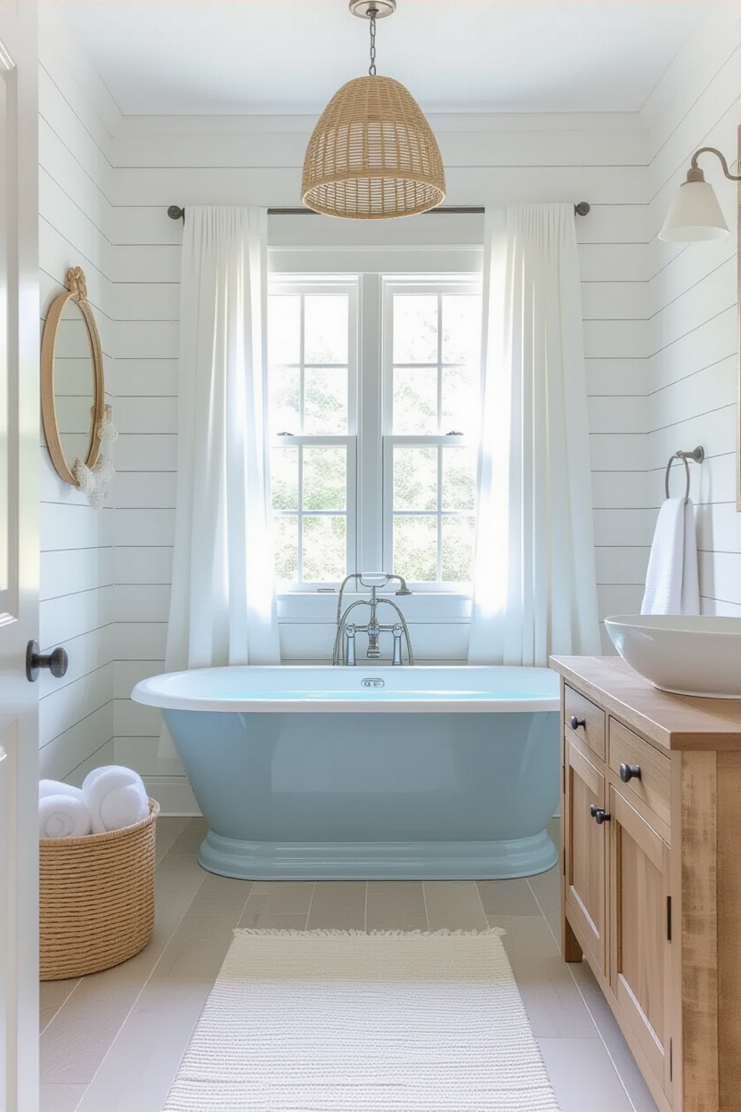 coastal farmhouse bathroom, coastal bathrooms, coastal shiplap bathroom, coastal cottage master bath, houseboat bathroom