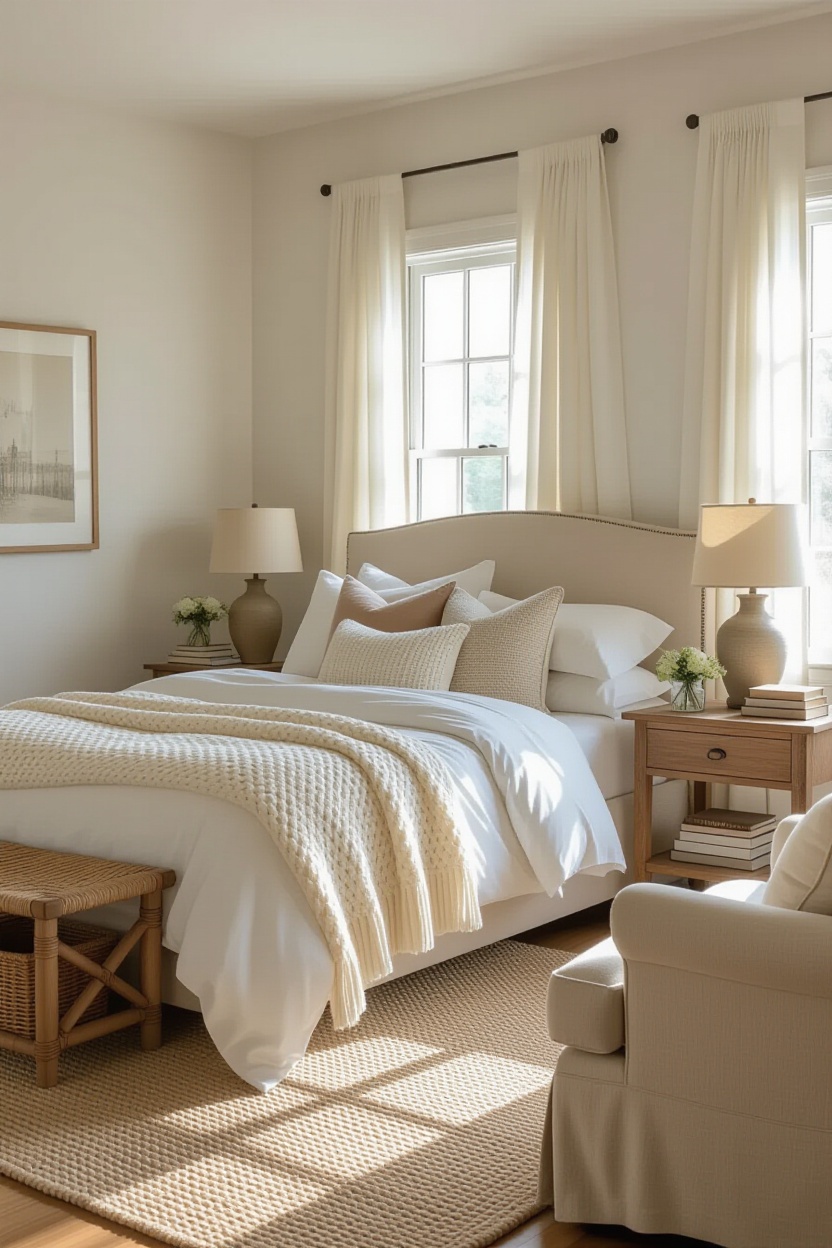 dream bedroom inspiration, bed comforter sets, floating bed master room, soft bedding, natural light bedroom ideas