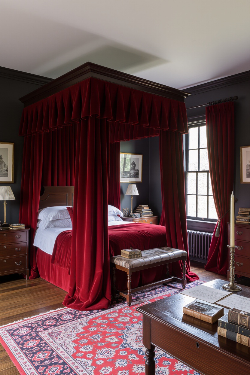 dark bedroom, moody bedroom, gothic forest bedroom, moody cottage bedroom, dark cottage bedroom