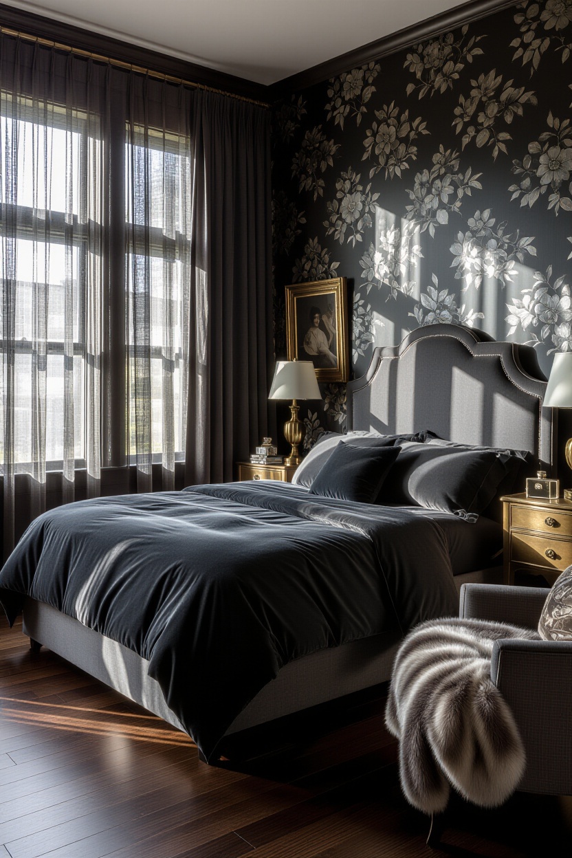 romantic bedroom, bedroom, black bedroom, maroon bedroom, dark moody bedroom