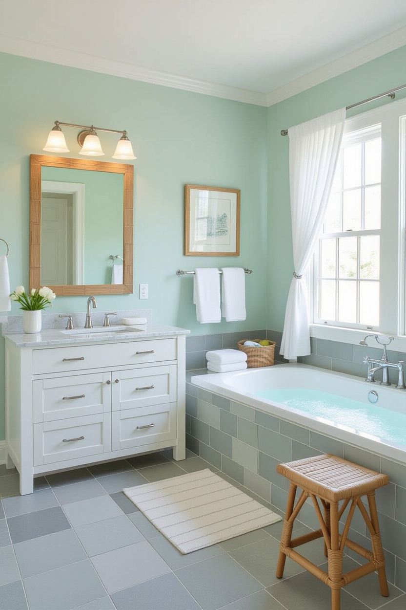 coastal cottage bathroom, coastal farmhouse bathroom, beach cottage bathroom, coastal cottage master bath, beach blue bathroom