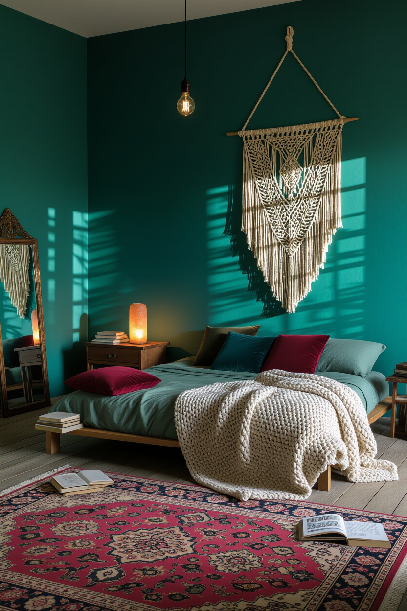 dark bedroom, bedroom, moody bed, moody maroon bedroom, moody bedroom green