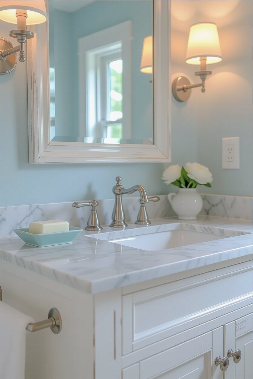 coastal bathrooms, beachy bathroom, nautical bathroom, cozy coastal bathroom, blue fish scale tile bathroom