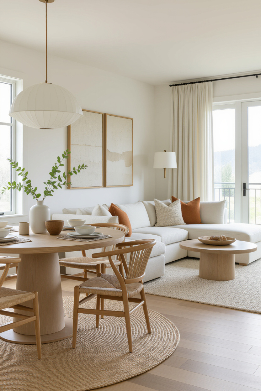 Cozy Condo Chic: Round Table Dining and Living Room Ideas in a Neutral Palette