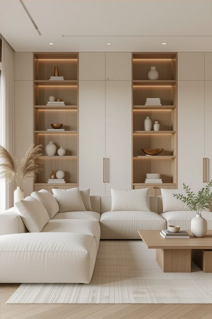 Elevate Your Living Room: Modern Neutral Design with Custom Built-In Shelving