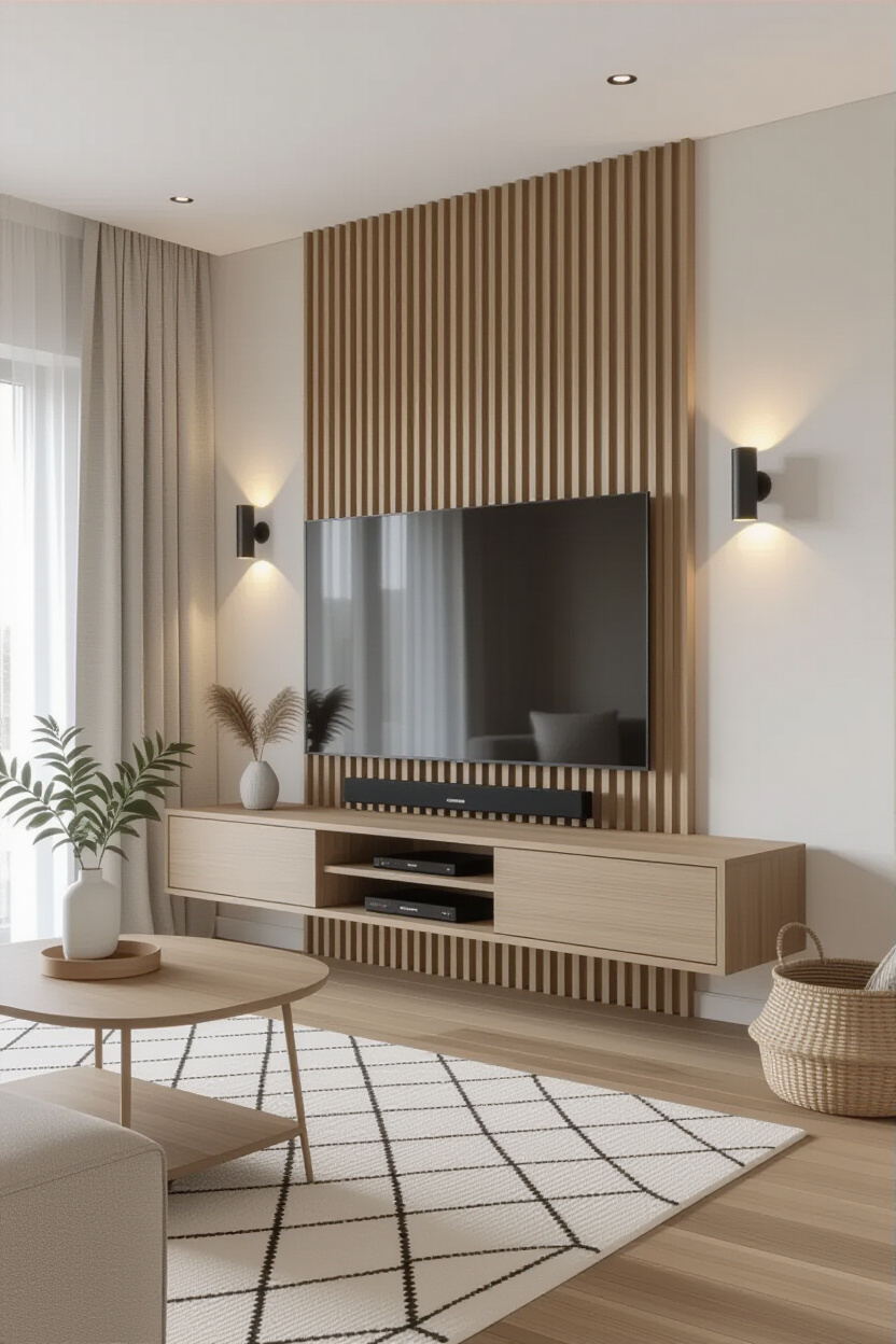 Elevate Your Living Room: Modern TV Wall Ideas with Wood Slat Accent Walls