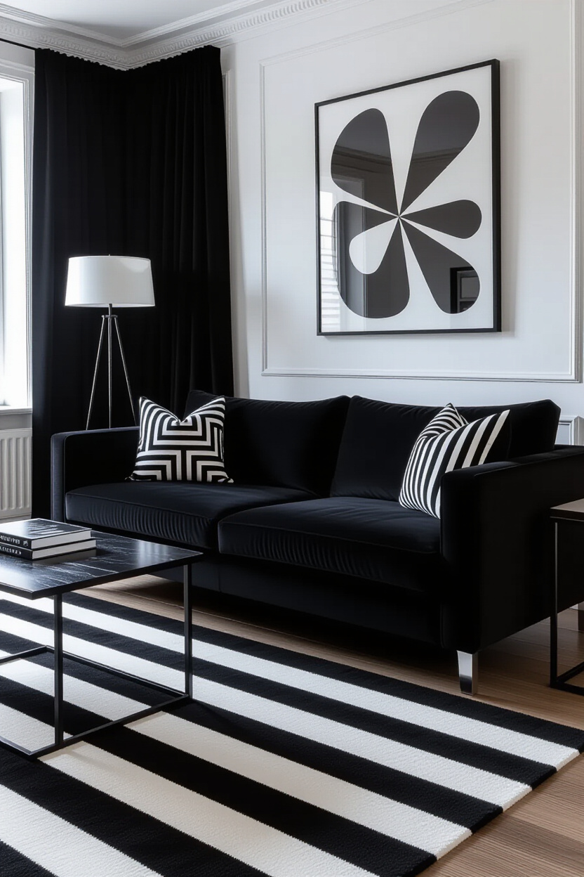 Black and White Aesthetic Living Room with a Black Couch