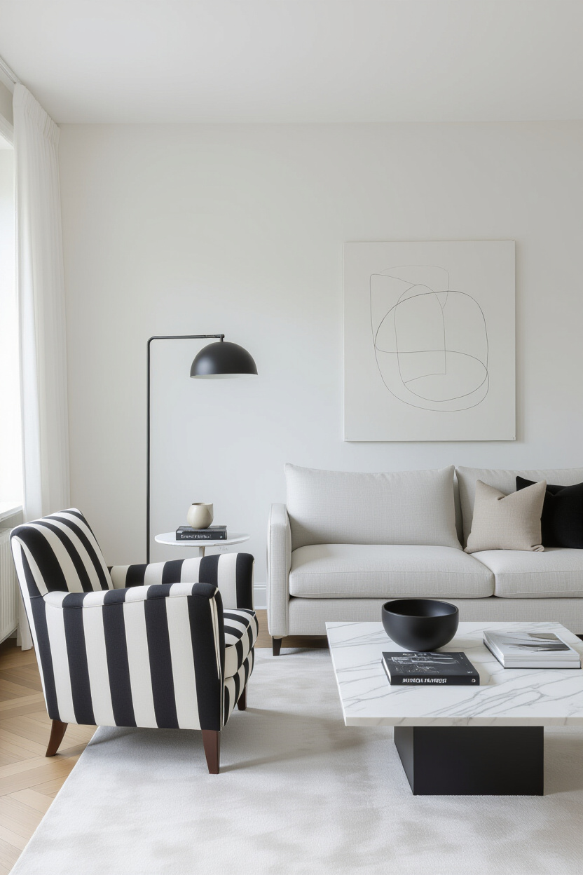 A modern living room featuring a black and white striped armchair, a white marble coffee table, and