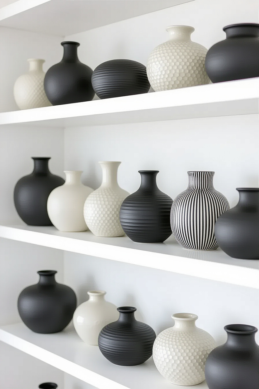 A close-up of a collection of black and white ceramic vases of varying shapes and textures on a whit