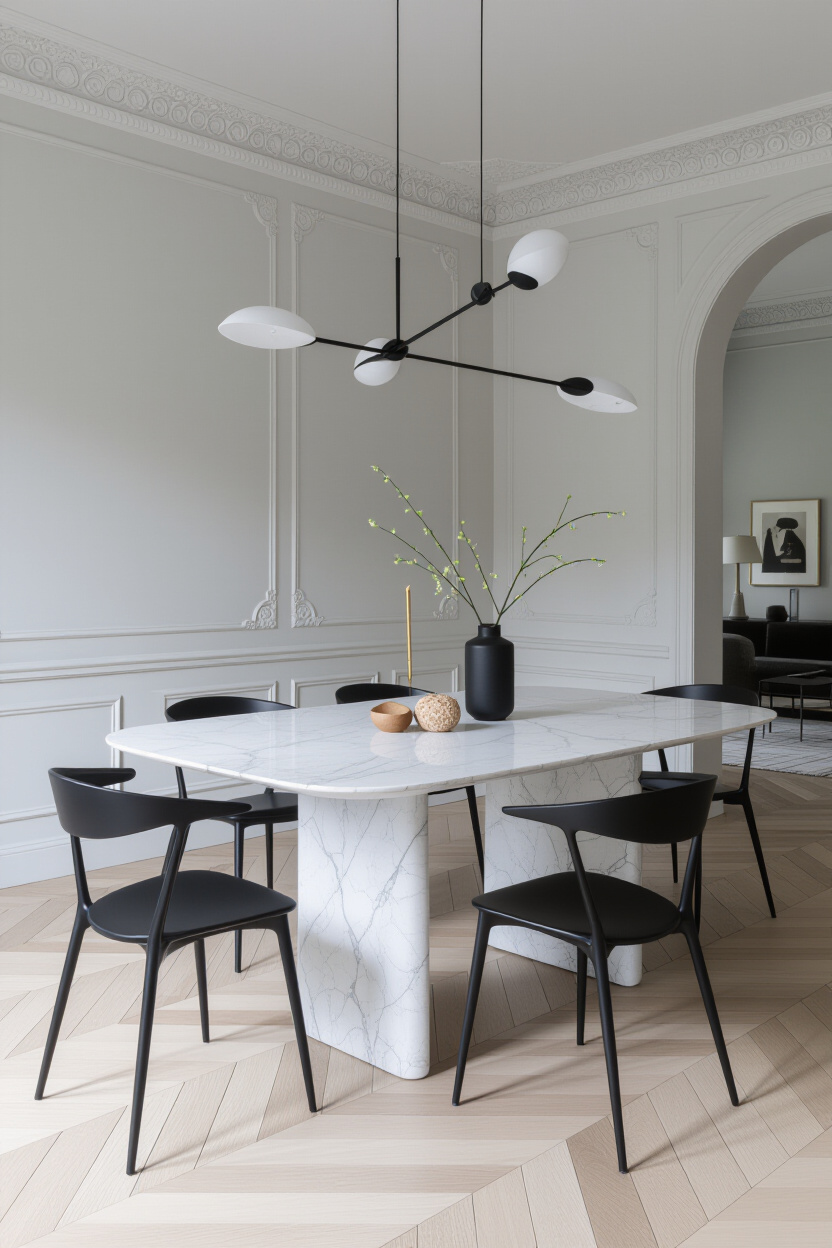 A stylish dining room with a white marble-topped table and black minimalist chairs. Architectural ph