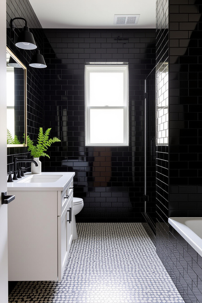 A modern bathroom featuring black subway tile on one wall, a white vanity, and black fixtures. Archi