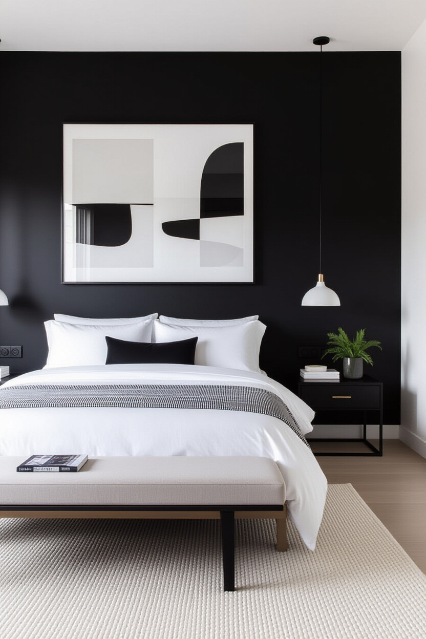 A modern bedroom with a black wall behind the bed, white bedding, and minimalist black bedside table