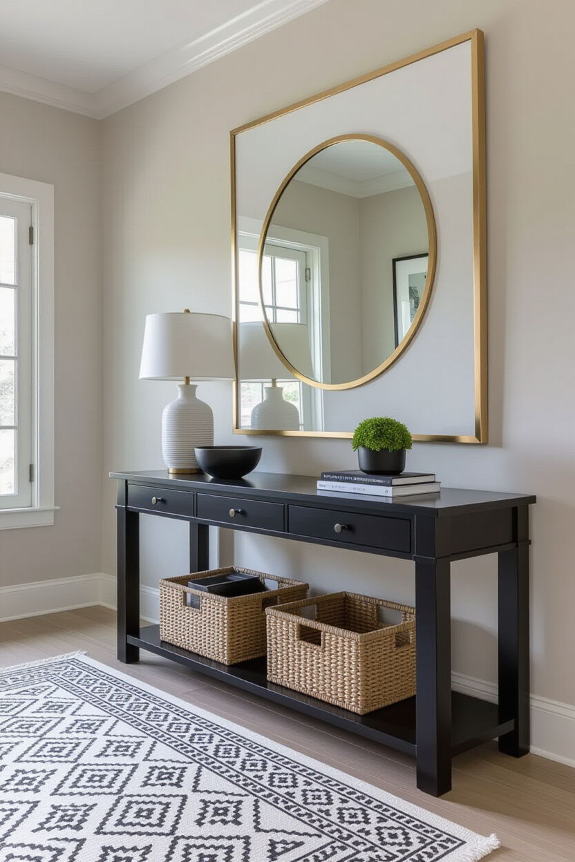 A stylish entryway with a black console table, a large white mirror, and a black and white patterned