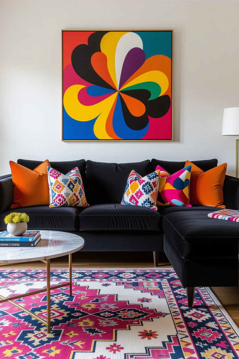 Black Couch Living Room Decor: Adding Colorful Accents