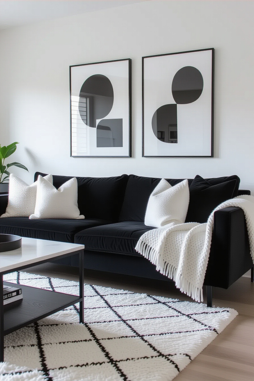Black Couch Living Room Decor: Contrast with White Accents