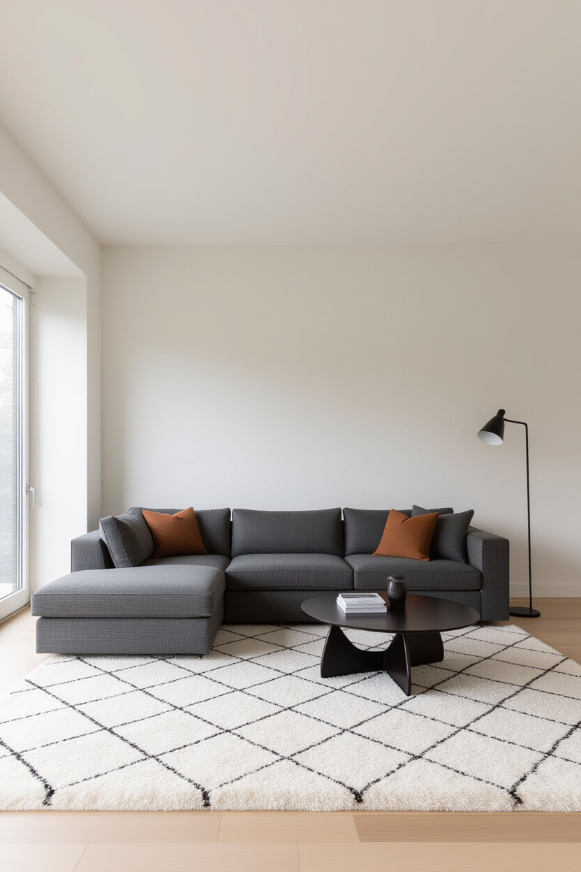 Architectural photography of an empty living room with a large, textured cream-colored rug partially