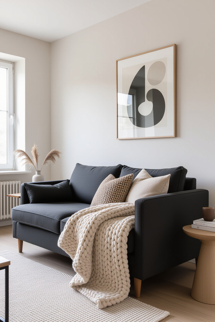 Architectural photography of an empty living room corner featuring a dark couch with a chunky knit t