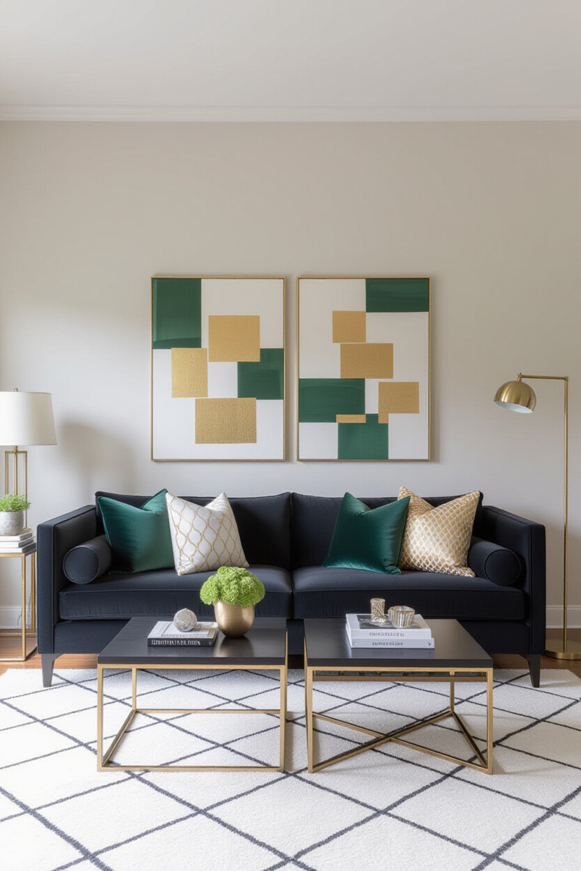 Architectural photography of an empty living room with a dark couch adorned with an assortment of de