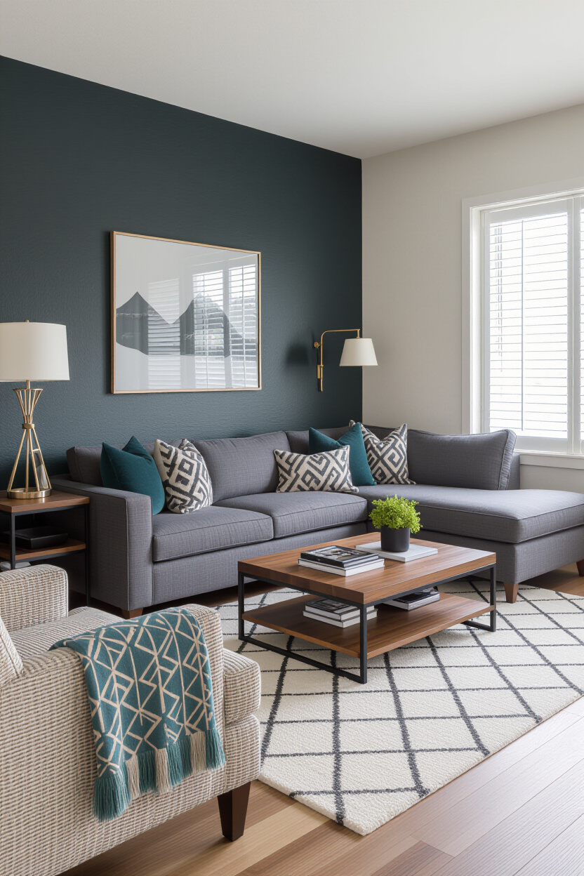 Architectural photography of an empty living room featuring a dark grey sectional sofa paired with a