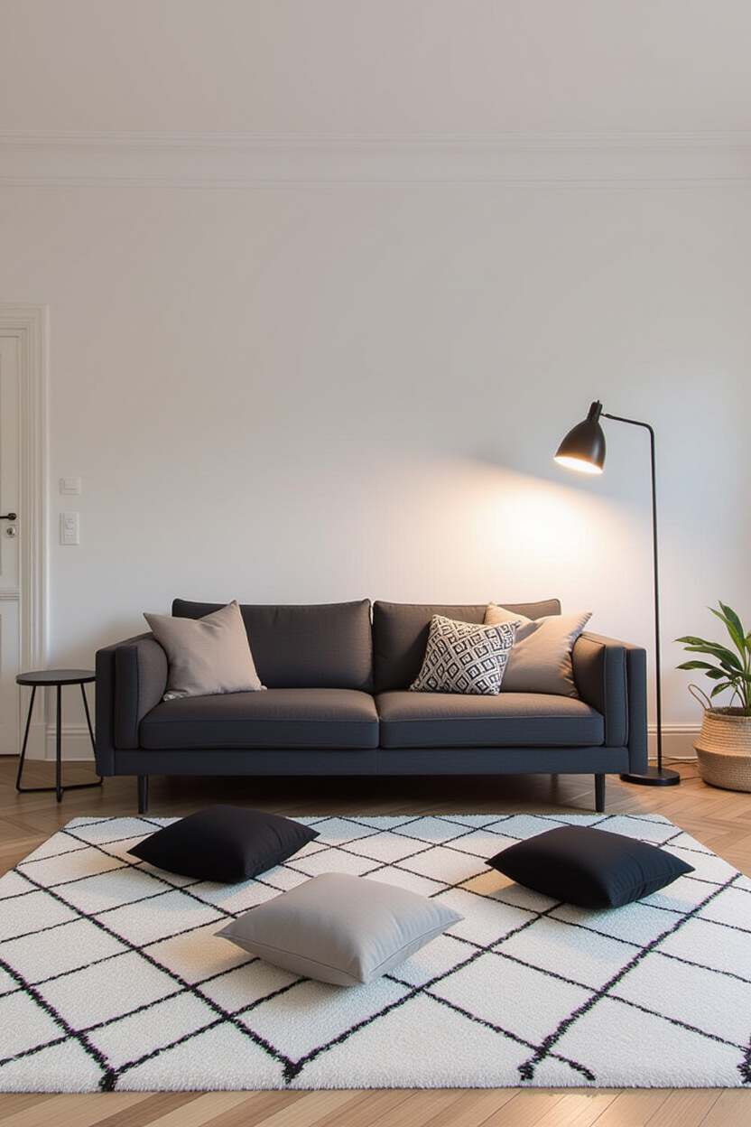 Architectural photography of an empty living room space with a dark couch, a patterned rug, and seve