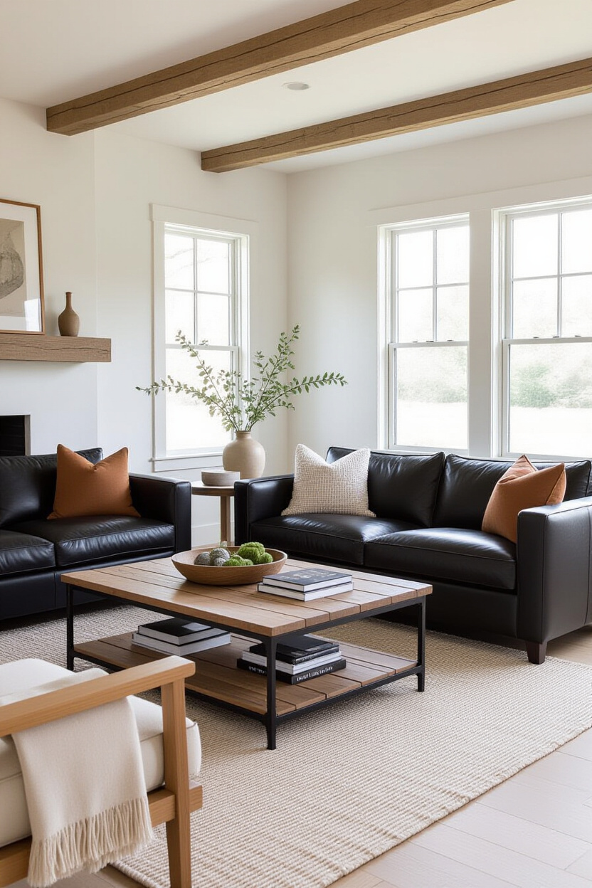 Black Leather Couch Living Room Decor: Modern Farmhouse Charm