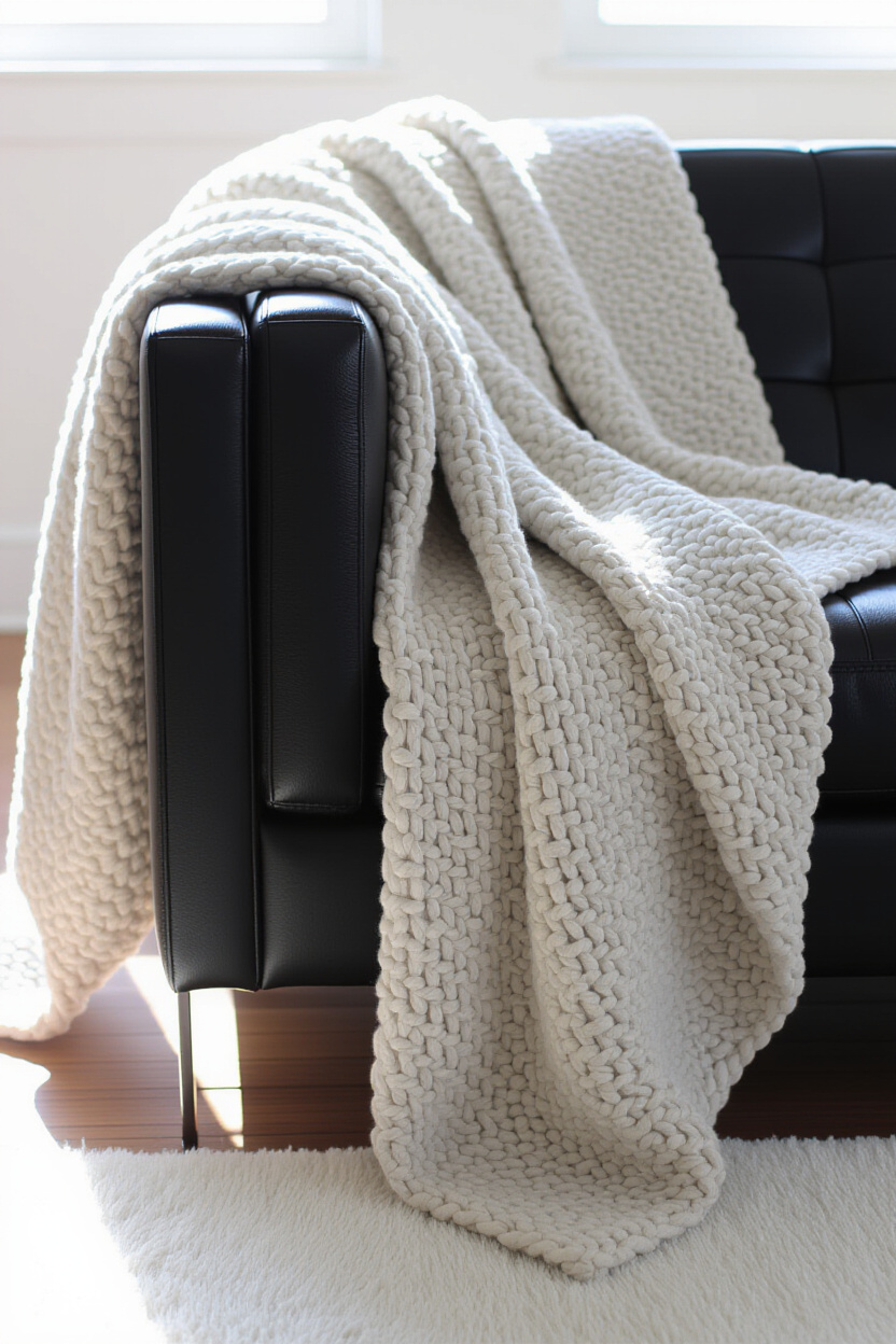 A close-up of a textured, light grey throw blanket draped artfully over the arm of a sleek black lea